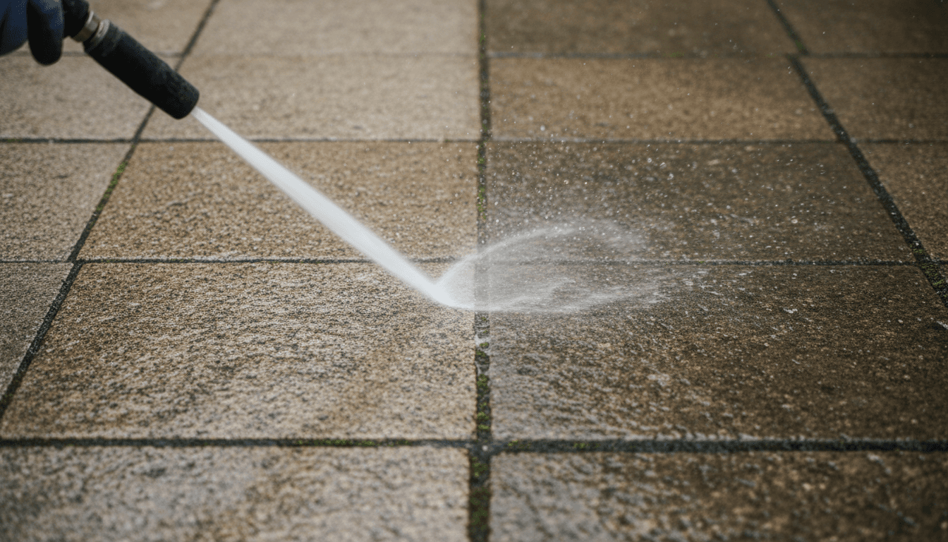 Pressure washing a stone patio surface