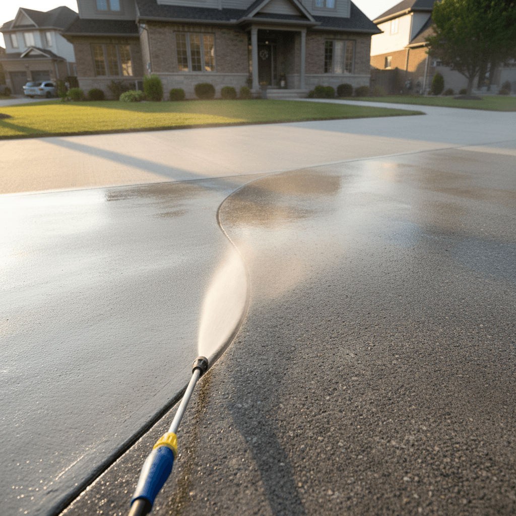 Clean concrete driveway after pressure washing