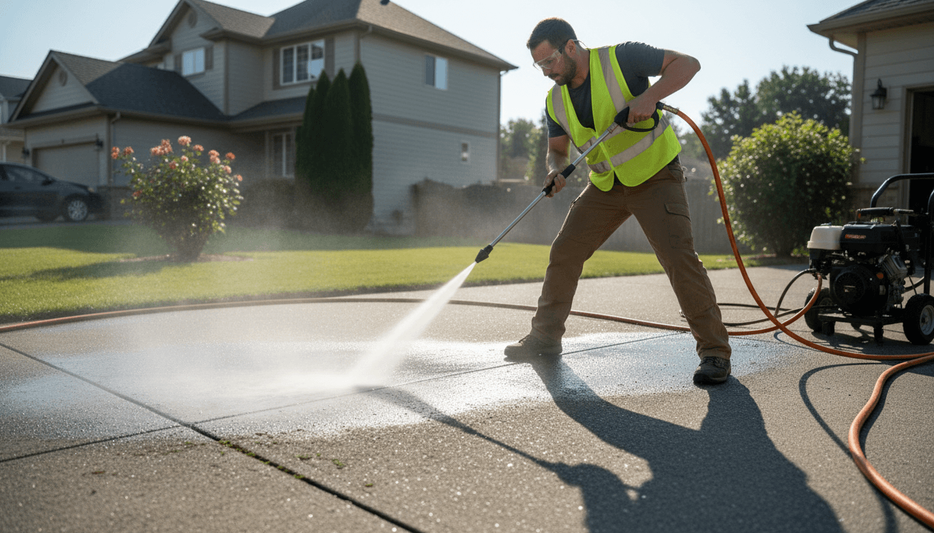 Technician pressure washing a concrete driveway in Toronto