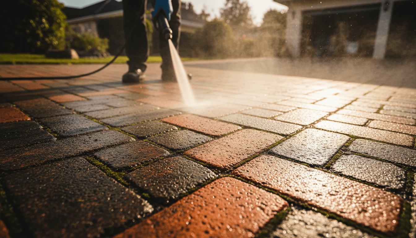 Patio bricks being pressure washed with water spray in a Toronto backyard