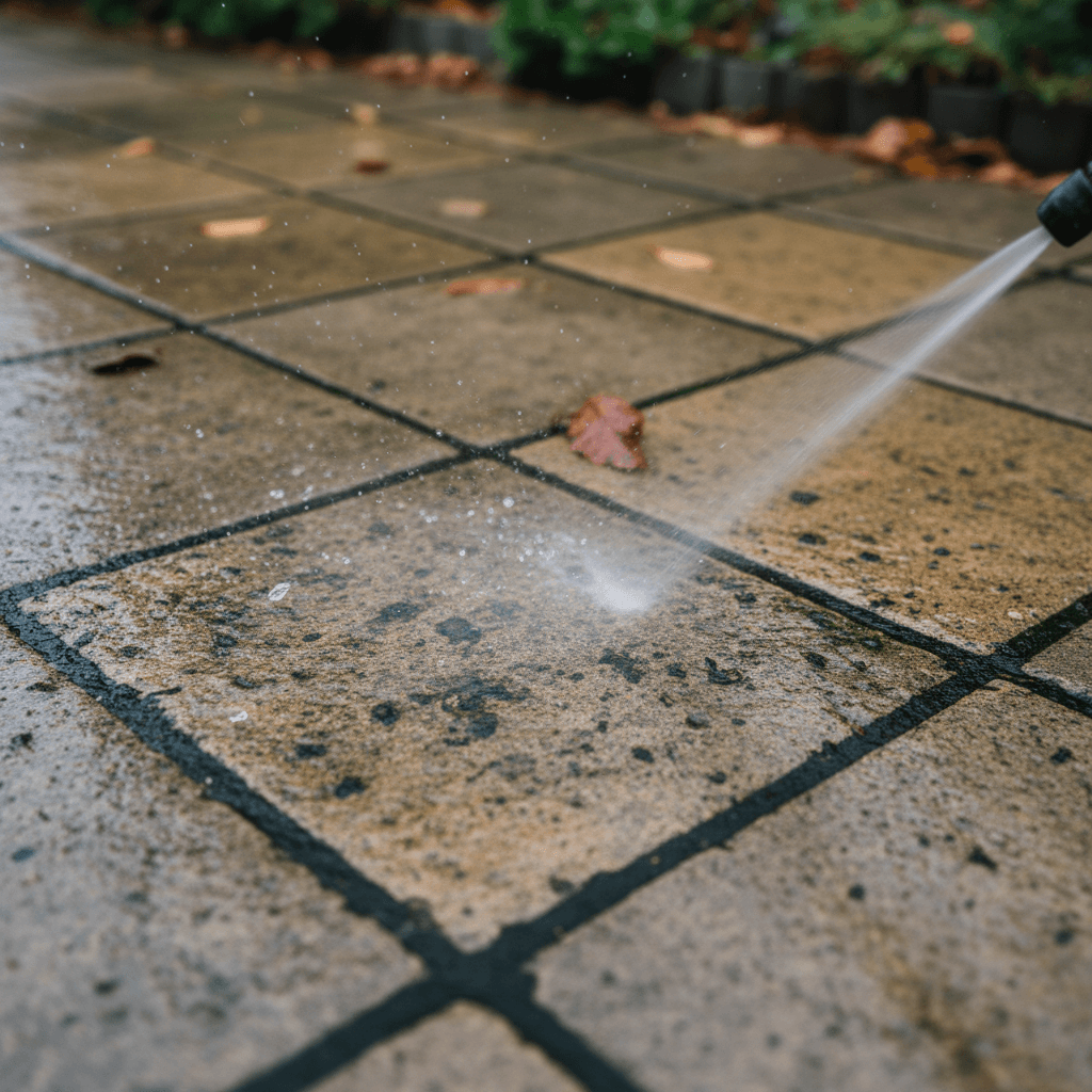 Pressure washing moss from between patio pavers