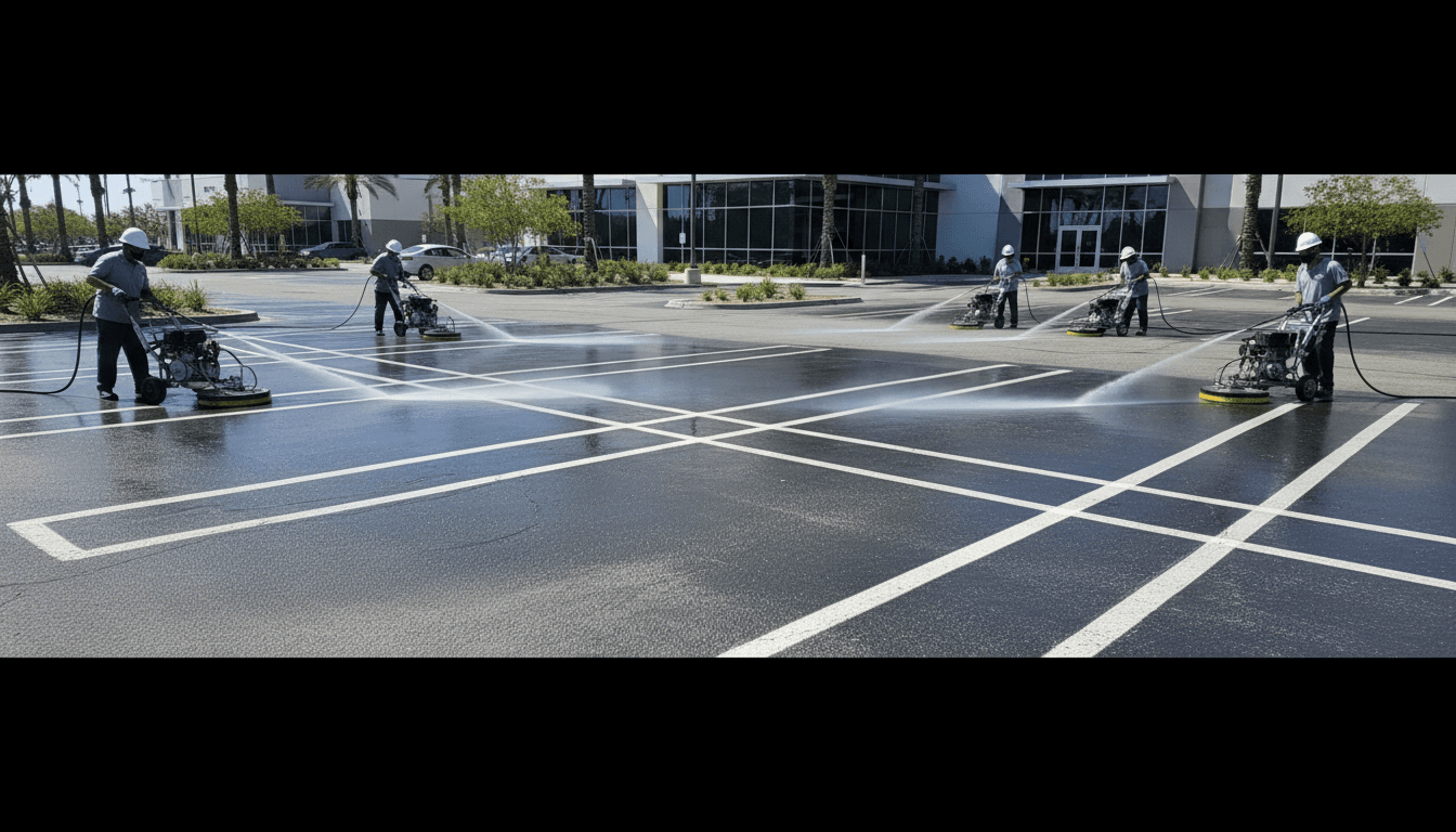 Clean path on a parking lot after pressure washing