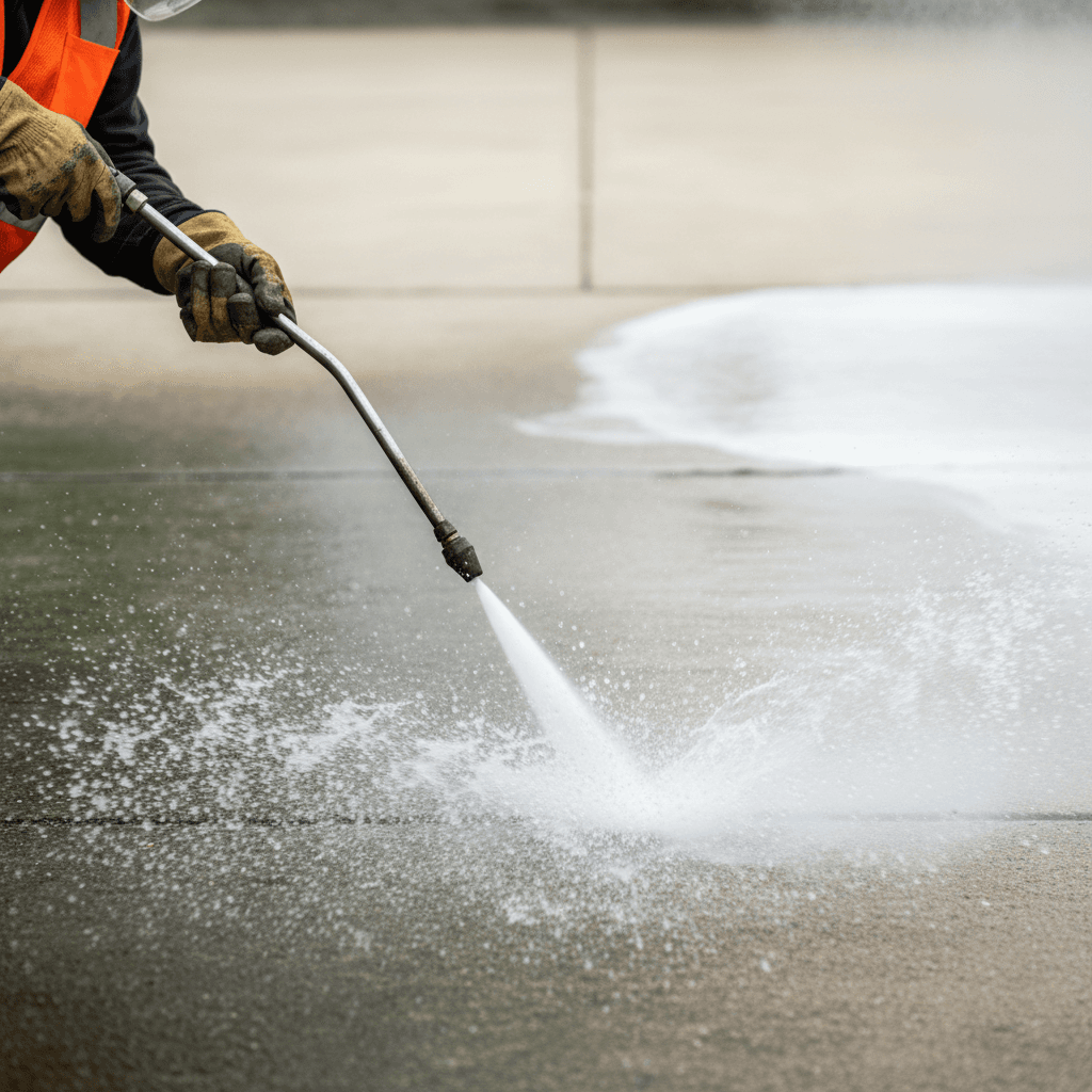 Pressure washing professional inspecting a residential driveway in Toronto