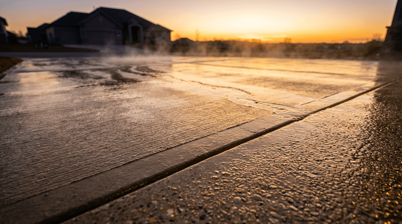 Freshly pressure washed driveway with water still on the surface