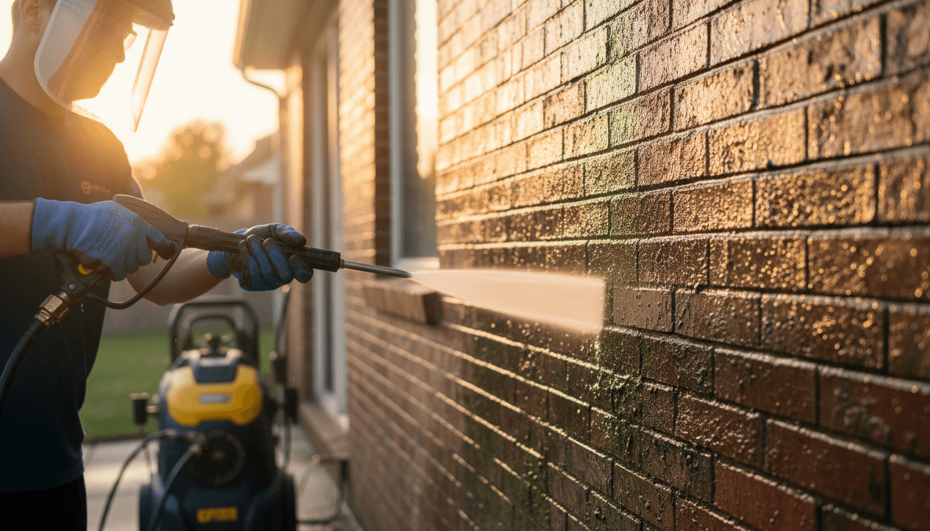 Wide shot of a freshly cleaned brick patio with visible clean line contrast