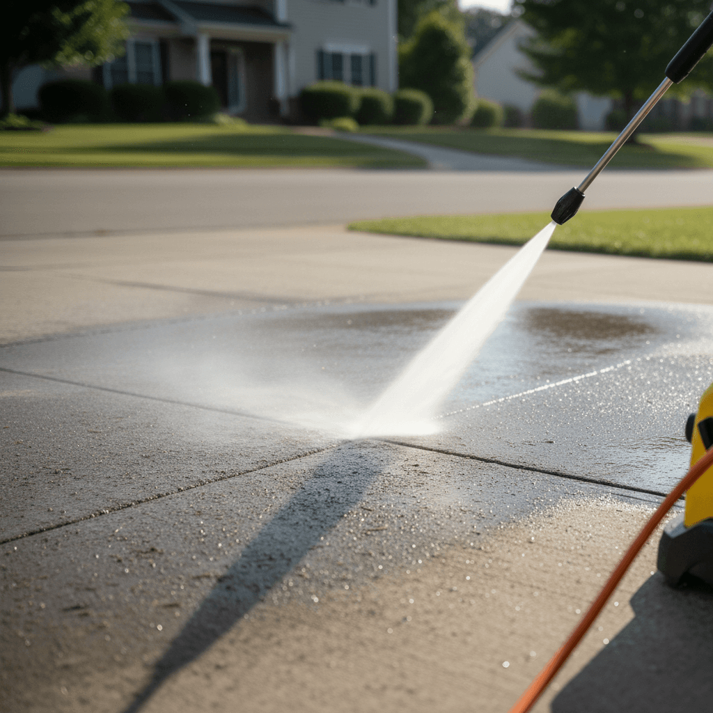 Cleaning a concrete sidewalk with a pressure washer wand