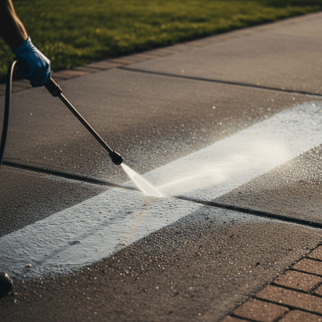 Pressure washing a Toronto driveway, cleaning a concrete surface with a high-pressure hose